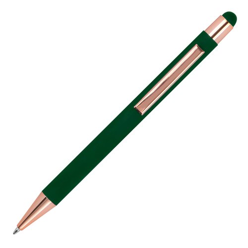 Penna a sfera verde scuro con touch pen e clip.