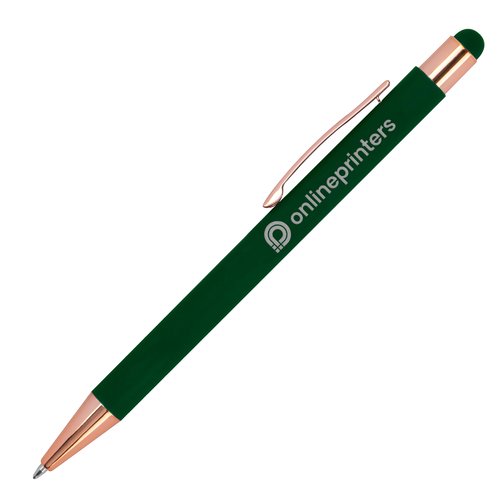 Penna a sfera in metallo verde con touch pen e clip.