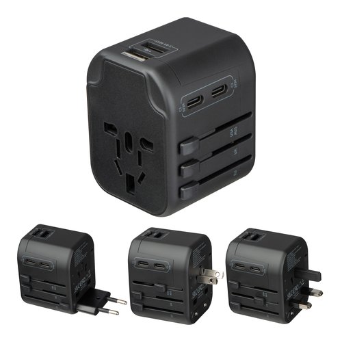 Adattatore da viaggio nero con diverse opzioni di presa e porte USB.