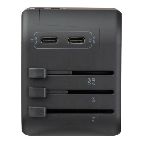 Adattatore da viaggio nero con porte USB e diverse opzioni di spina.