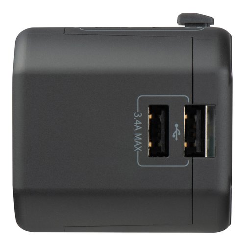 Adattatore da viaggio nero con porte USB.