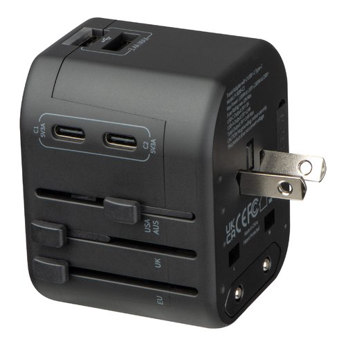 Adattatore da viaggio nero con diverse porte USB e varie opzioni di spina.