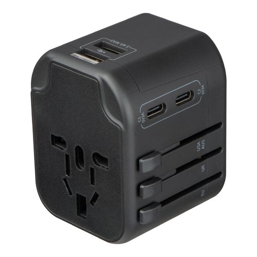 Adattatore da viaggio nero con connessioni USB e prese.