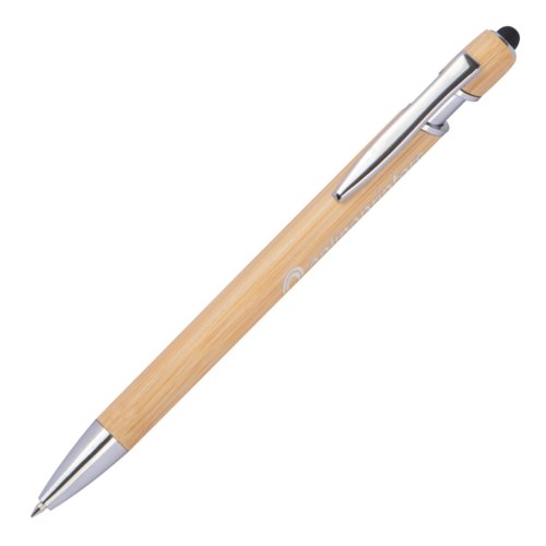 Penna a sfera in legno beige con clip e touchpen.