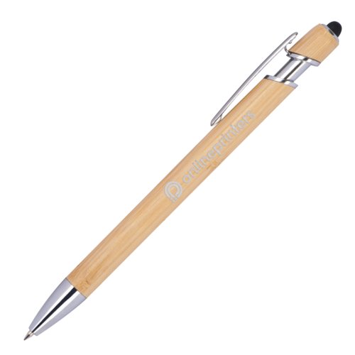 Penna a sfera in bamboo color legno con touchpen e clip.