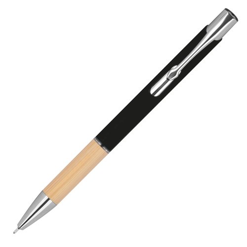 Penna gel riciclata nera con clip e meccanismo a scatto.