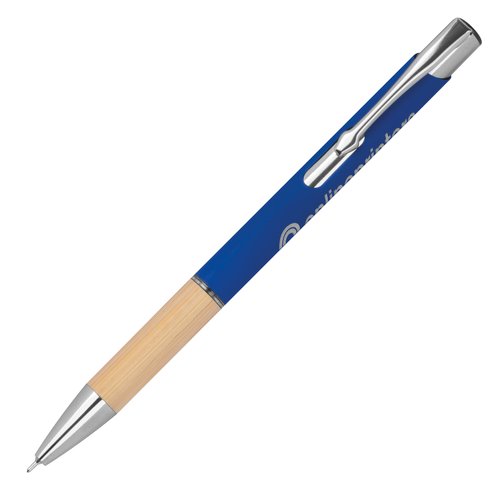 Penna gel riciclata blu con clip e meccanismo a scatto.