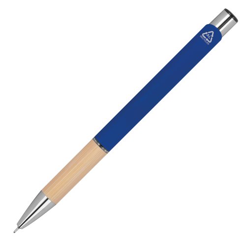 Penna gel riciclata blu con cappuccio.