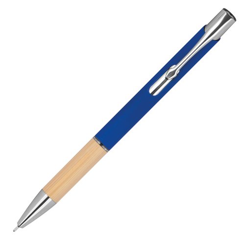 Penna gel riciclata blu con clip e pulsante.
