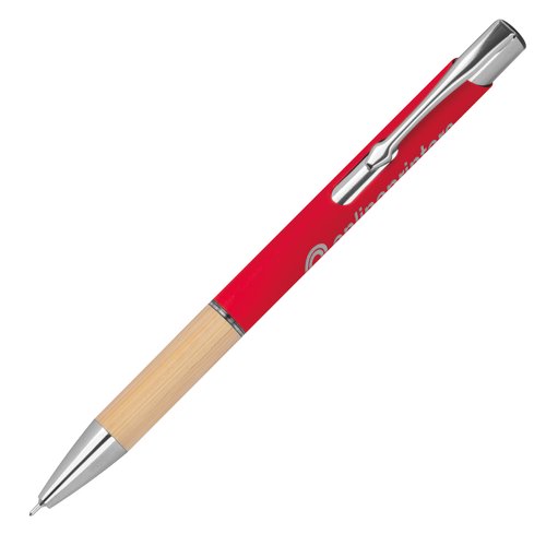 Penna gel rossa in materiale riciclato con clip e meccanismo a pressione.