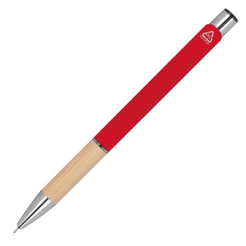 Penna gel riciclata rossa con punta e cappuccio.