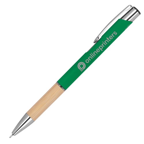 Penna gel riciclata verde con elementi in metallo.
