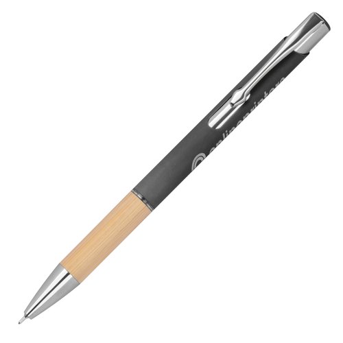 Penna gel riciclata antracite con elementi in metallo.