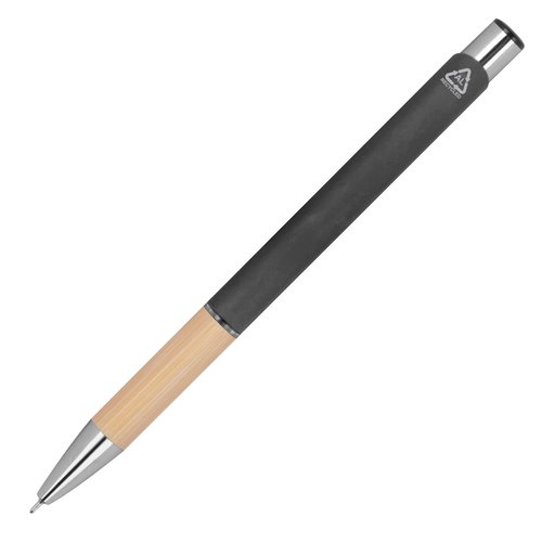 Penna gel riciclata antracite con elementi metallici.