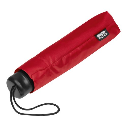 Ombrello tascabile rosso in RPET con cinturino.