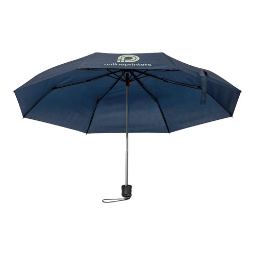 Ombrello tascabile blu scuro in RPET con custodia e cinturino.