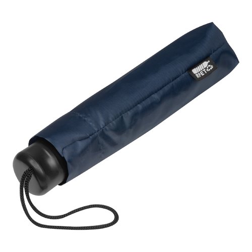 Ombrello tascabile blu scuro in RPET con cinturino.