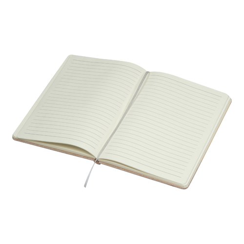 Quaderno beige con pagine a righe e segnalibro a nastro.