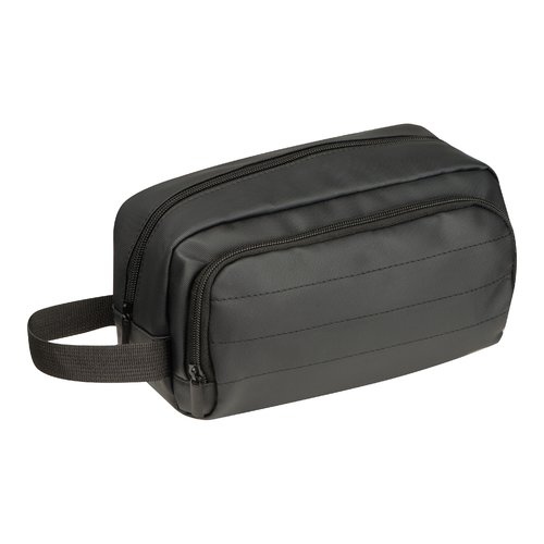 Beauty case nero in tessuto con cerniera e maniglia.