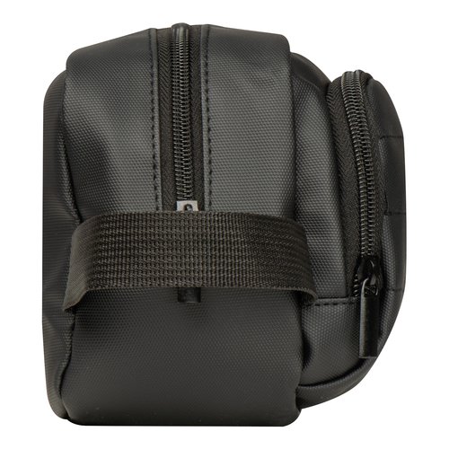 Trousse da toilette nera in tessuto con cerniera.