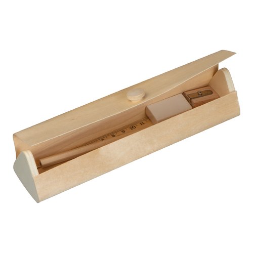 Set da scrittura in legno beige con matita, righello, temperamatite e gomma.