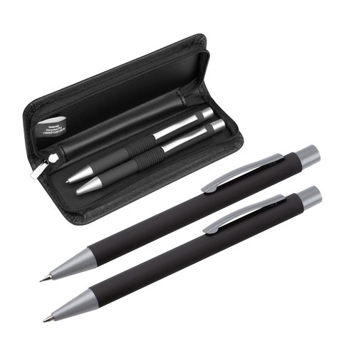Set da scrittura nero con penna a sfera e custodia.