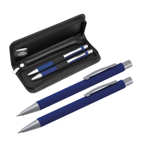 Set da scrittura blu con penna a sfera e custodia.