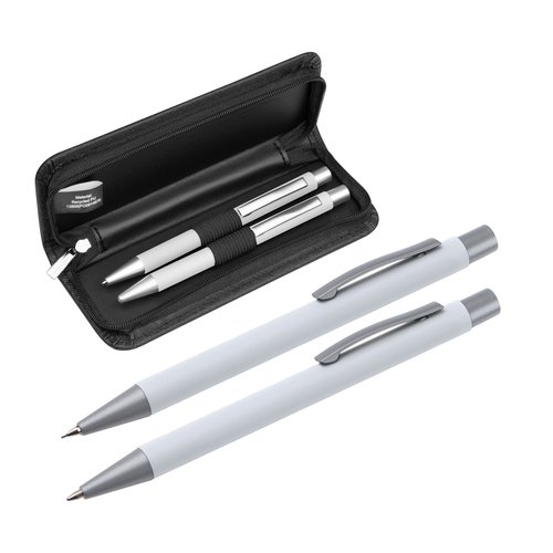 Set da scrittura bianco con penna a sfera e custodia.