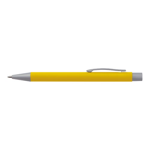 Set da scrittura giallo con penna a sfera, matita e righello.