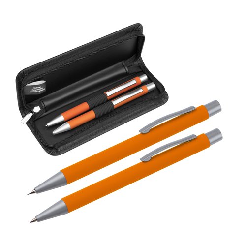 Set da scrittura arancione con penna a sfera e penna a sfera a rotazione in custodia.