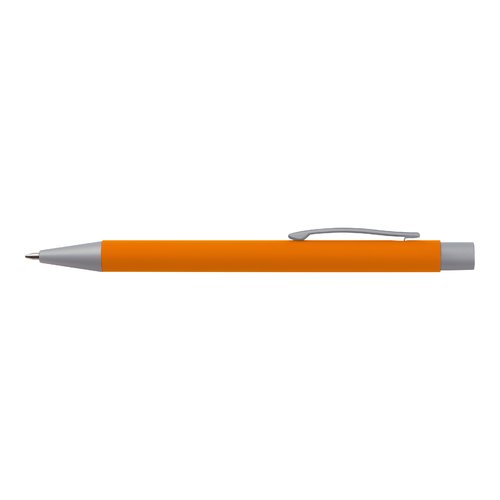 Set da scrittura arancione con penna a sfera e custodia.