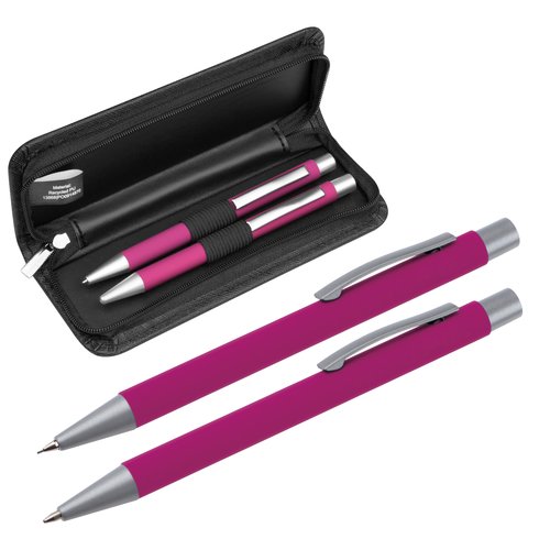 Set da scrittura rosa con penna a sfera, roller e custodia con zip.