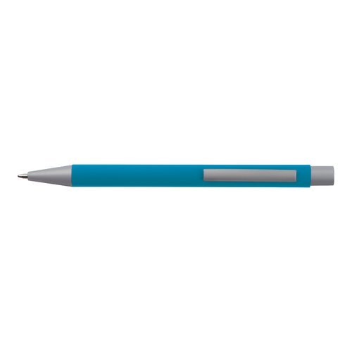 Set da scrittura in plastica azzurro con penna e custodia.