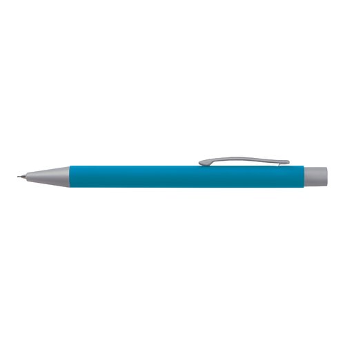 Set da scrittura azzurro con penna a sfera e matita.