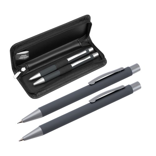 Set da scrittura antracite con penna a sfera, matita e custodia con zip.