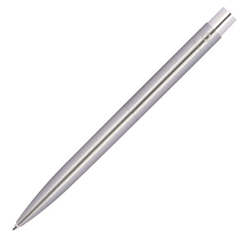 Penna a sfera in acciaio inox grigio argento con meccanismo a pressione.