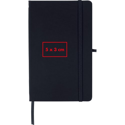 Quaderno nero con elastico e segnalibro a nastro.