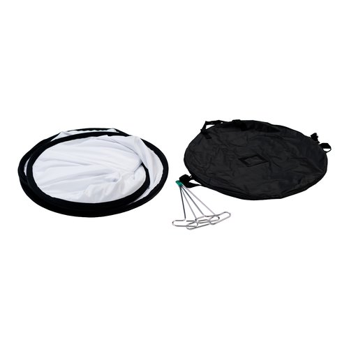 Banner pop-out in tessuto con picchetti e borsa per il trasporto.