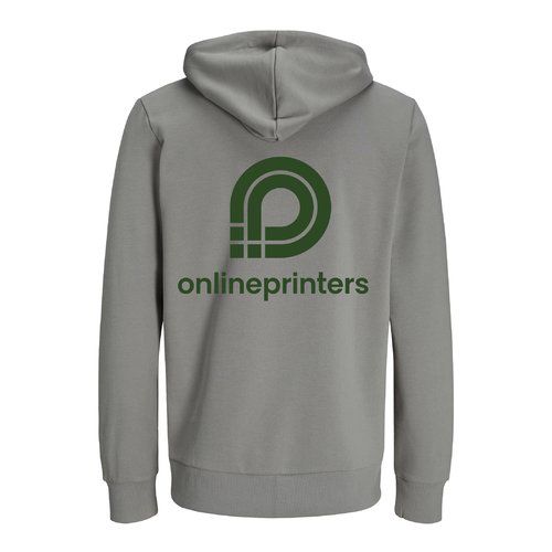 Felpa con cappuccio grigia in cotone biologico e riciclato, taglio unisex e cappuccio.