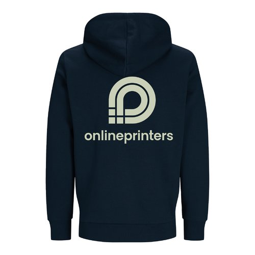 Giacca da allenamento unisex blu navy in cotone organico e poliestere riciclato con cappuccio.