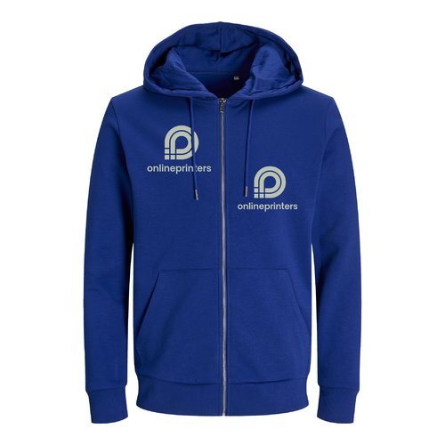 Giacca in felpa blu scuro in misto cotone, vestibilit� unisex con cappuccio e zip integrale.