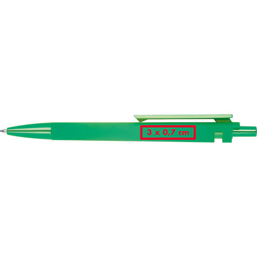 Penne a sfera verde in plastica ABS riciclata con clip e pulsante.