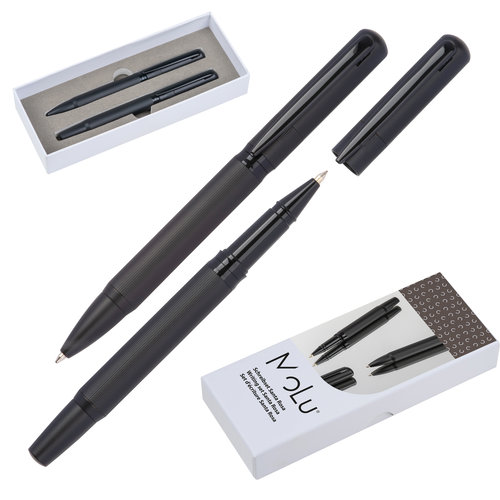 Set da scrittura in metallo nero con penna a sfera e roller.