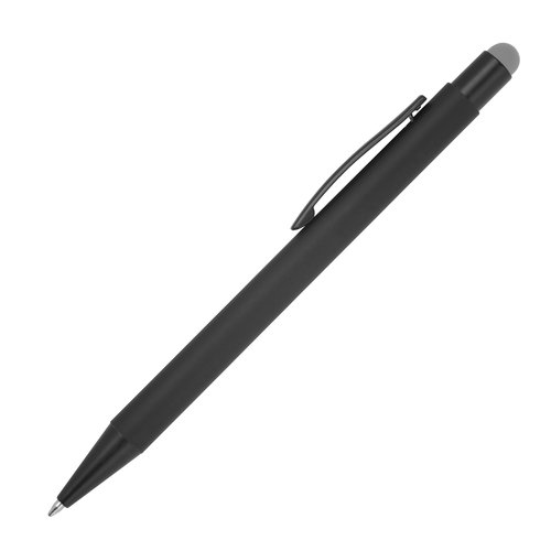 Penna a sfera in metallo grigio con funzione touch e clip.