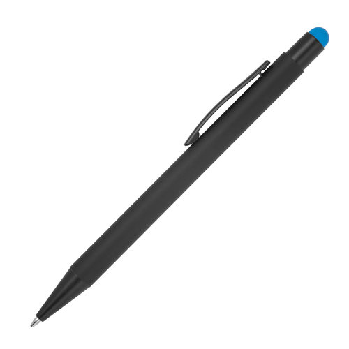 Penna a sfera in metallo azzurro con funzione touch e clip.
