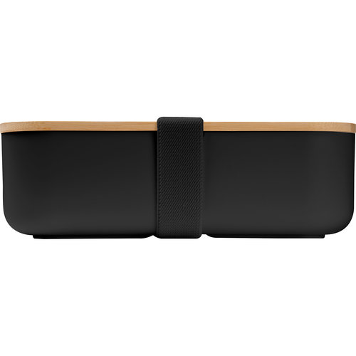 Lunchbox nera con coperchio in bamb e fascia elastica di fissaggio.