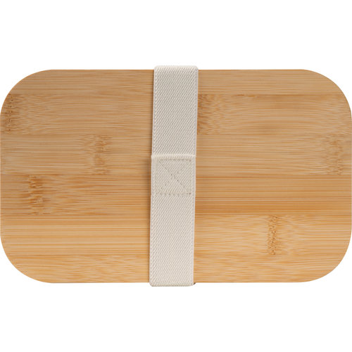 Portapranzo bianco con coperchio in bamb e fascia di chiusura elastica.