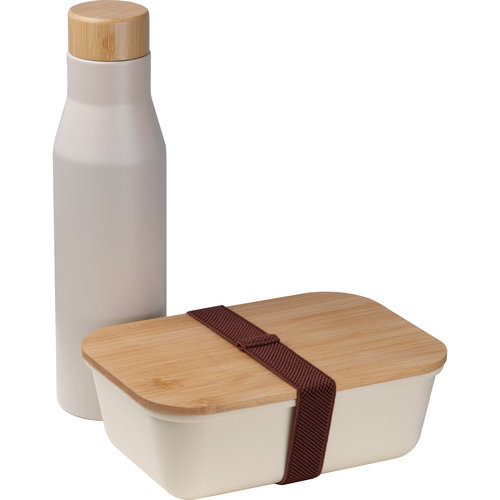 Portapranzo beige con borraccia in acciaio inox e coperchio in bamb.