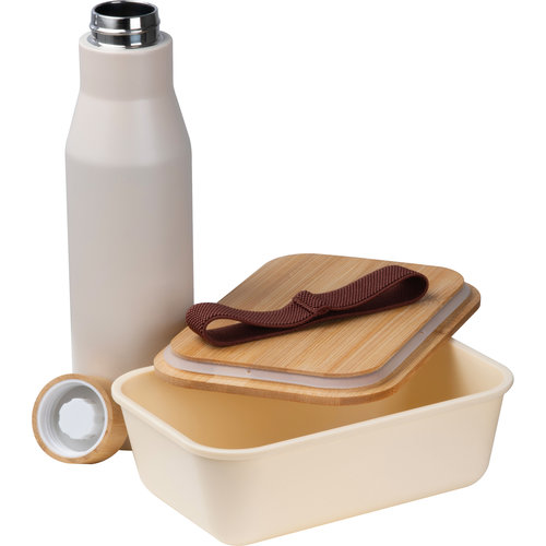 Porta pranzo beige con borraccia in acciaio inox e coperchio in bamb.