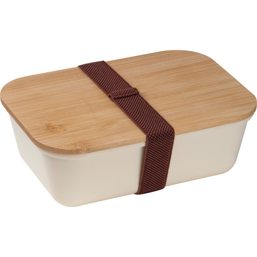 Portapranzo beige in bamb con borraccia in acciaio inox ed elastico.